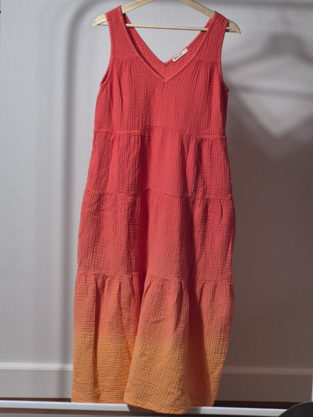 Marine Layer Womens S Cotton Gauze Tiered Maxi Dress Ombre Coral Peach Sleeveles